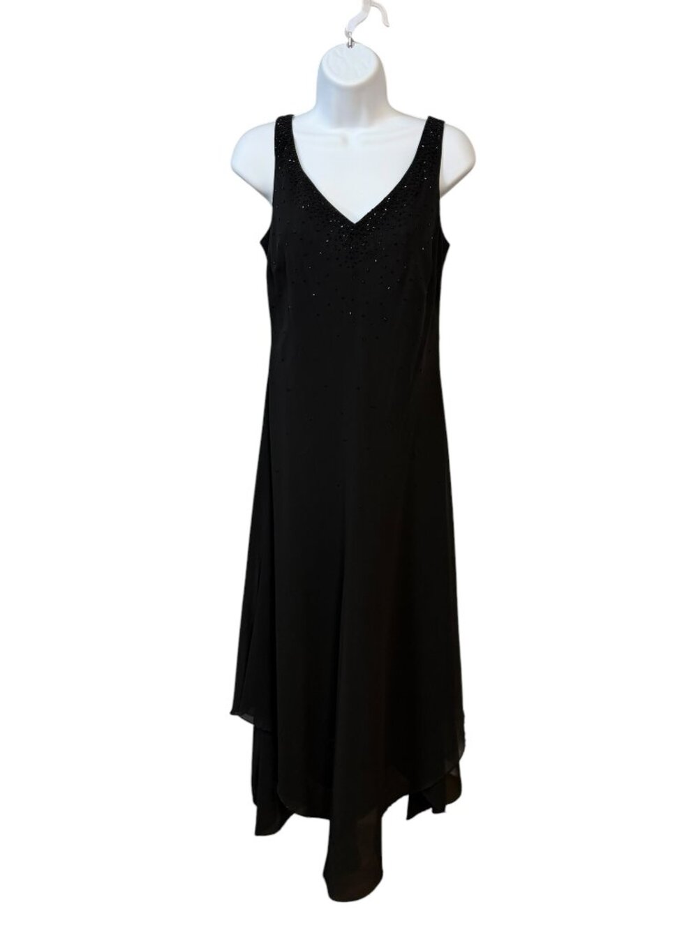 Jones Wear Black Beaded Maxi Dress Sz 6 Sleeveless Asymmetrical Hem Formal Gown